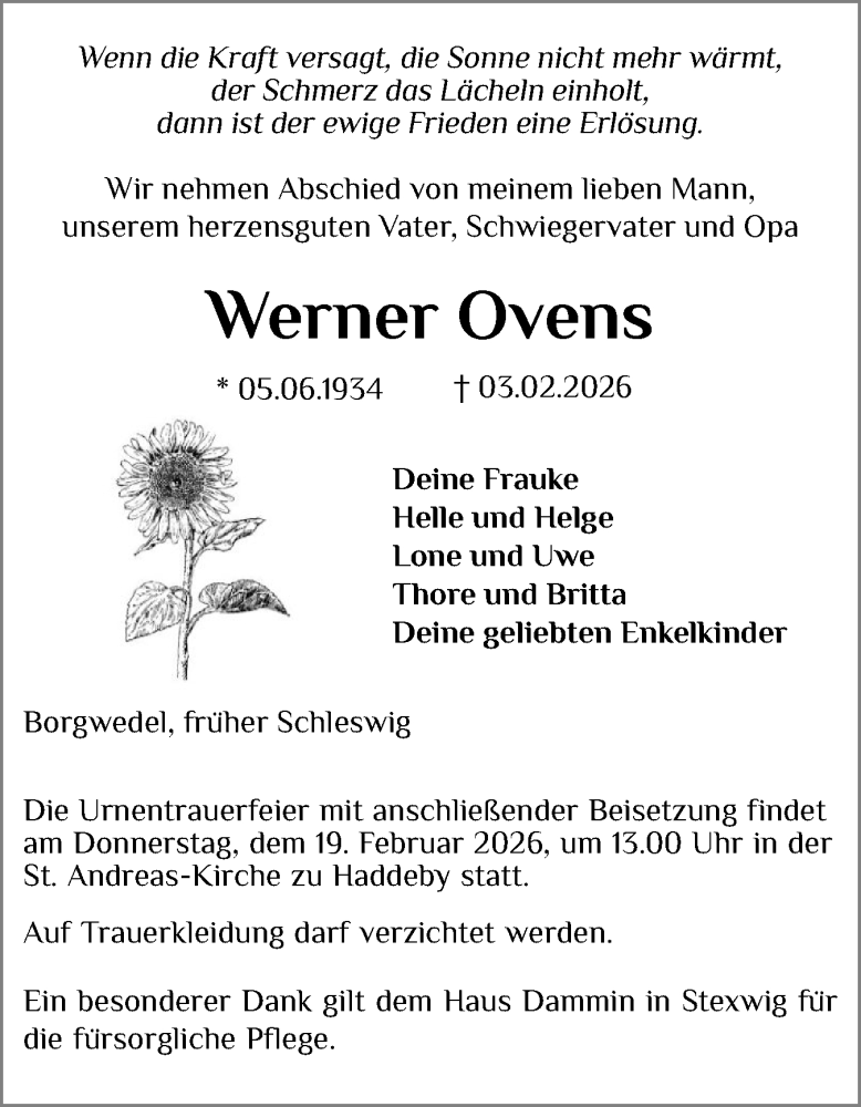  Traueranzeige für Werner Ovens vom 07.02.2026 aus Schleswiger Nachrichten, Schlei-Bote