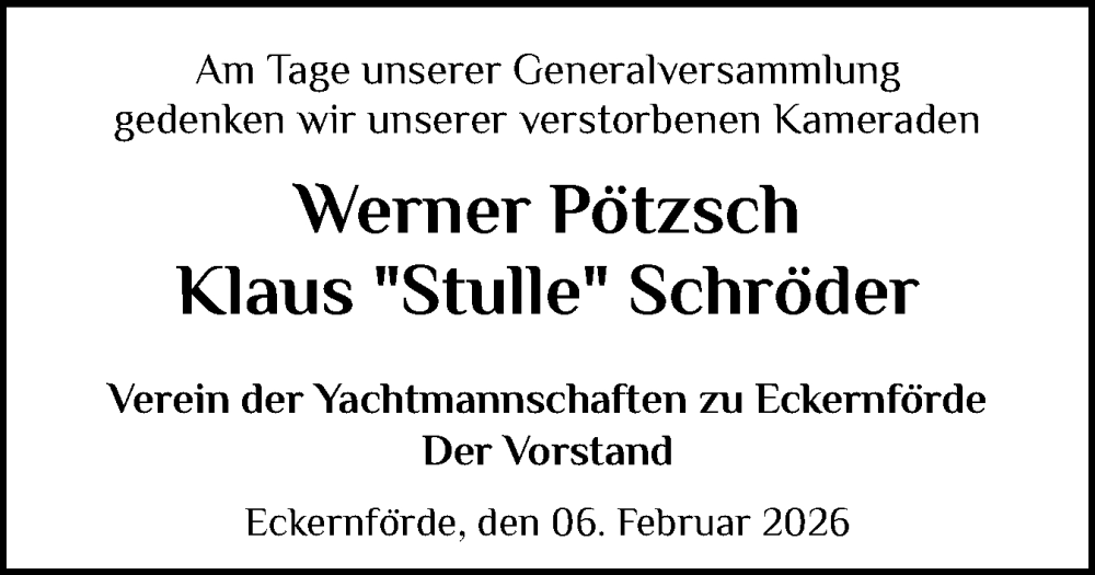 Traueranzeige für Werner Pötzsch vom 06.02.2026 aus Eckernförder Zeitung, Hallo Eckernförde