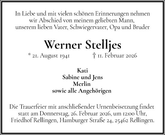 Traueranzeige von Werner Stelljes von Region Pinneberg und tip Pinneberg
