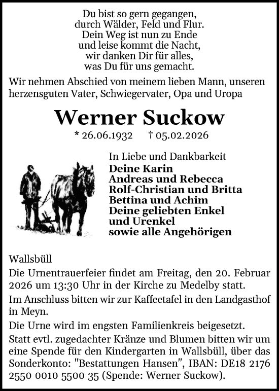 Traueranzeige von Werner Suckow von Flensburger Tageblatt