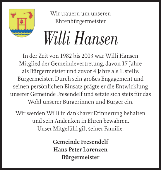 Traueranzeige von Willi Hansen von Husumer Nachrichten, Nordfriesland Tageblatt