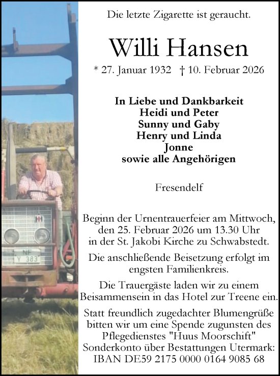 Traueranzeige von Willi Hansen von Husumer Nachrichten, Nordfriesland Tageblatt