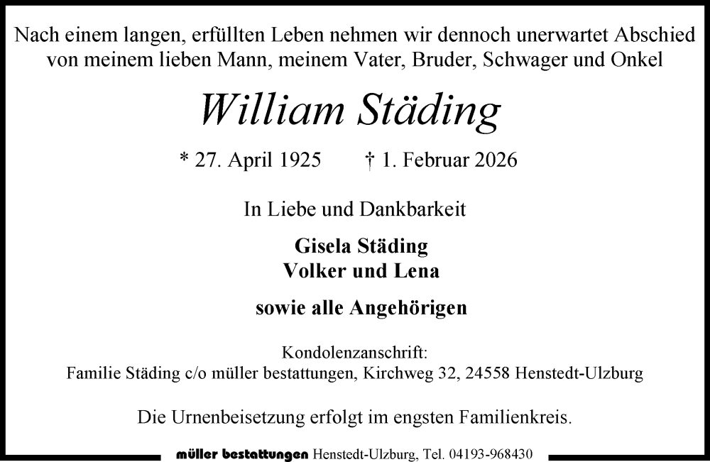  Traueranzeige für William Städing vom 07.02.2026 aus Umschau