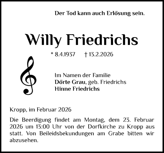 Traueranzeige von Willy Friedrichs von Schleswig-Holsteinische Landeszeitung