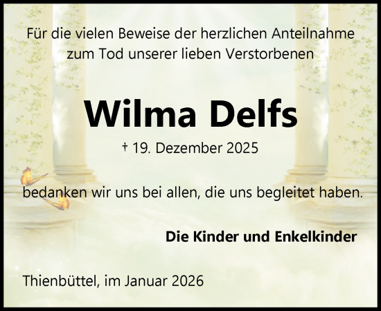 Traueranzeige von Wilma Delfs von Schleswig-Holsteinische Landeszeitung