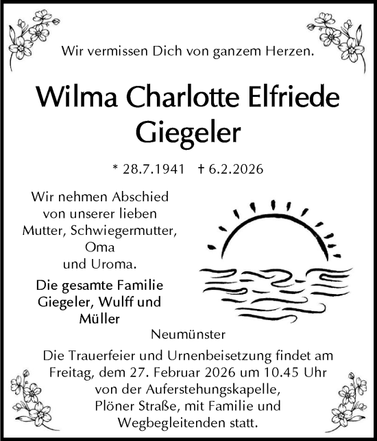 Traueranzeige von Wilma Charlotte Elfriede Giegeler von Holsteinischer Courier