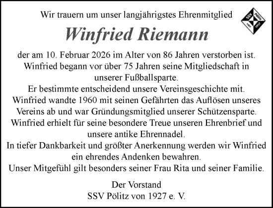 Traueranzeige von Winfried Riemann von MARKT Bad Oldesloe/Reinfeld und Stormarner Tageblatt