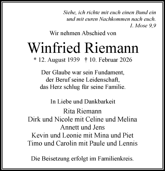 Traueranzeige von Winfried Riemann von MARKT Bad Oldesloe/Reinfeld und Stormarner Tageblatt