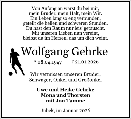 Traueranzeige von Wolfgang Gehrke von Schleswiger Nachrichten, Schlei-Bote