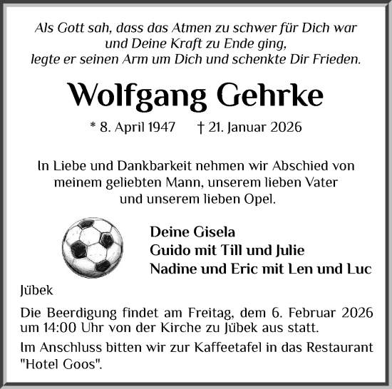 Traueranzeige von Wolfgang Gehrke von Region Flensburg