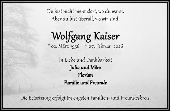 Traueranzeige von Wolfgang Kaiser von MARKT Ahrensburg/Bargteheide/Trittau und Stormarner Tageblatt