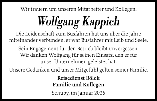 Traueranzeige von Wolfgang Kappich von Flensburger Tageblatt