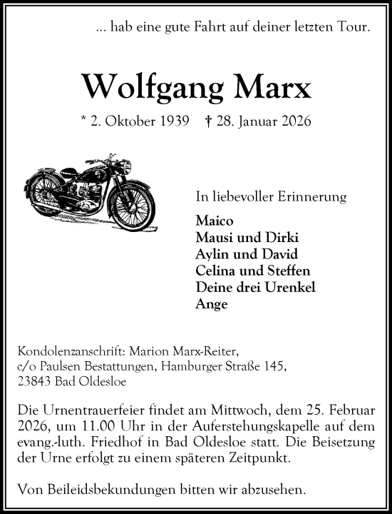 Traueranzeige von Wolfgang Marx von MARKT Bad Oldesloe/Reinfeld und Stormarner Tageblatt