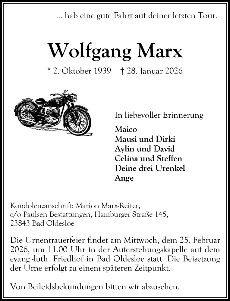  Traueranzeige für Wolfgang Marx vom 21.02.2026 aus MARKT Bad Oldesloe/Reinfeld und Stormarner Tageblatt