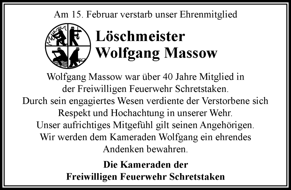  Traueranzeige für Wolfgang Massow vom 21.02.2026 aus MARKT Ratzeburg/Mölln