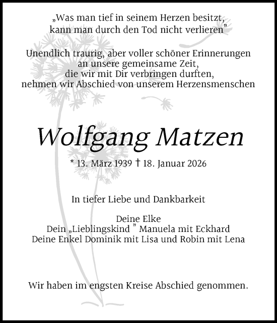 Traueranzeige von Wolfgang Matzen von Uetersener Nachrichten, Der tip am Wochenende