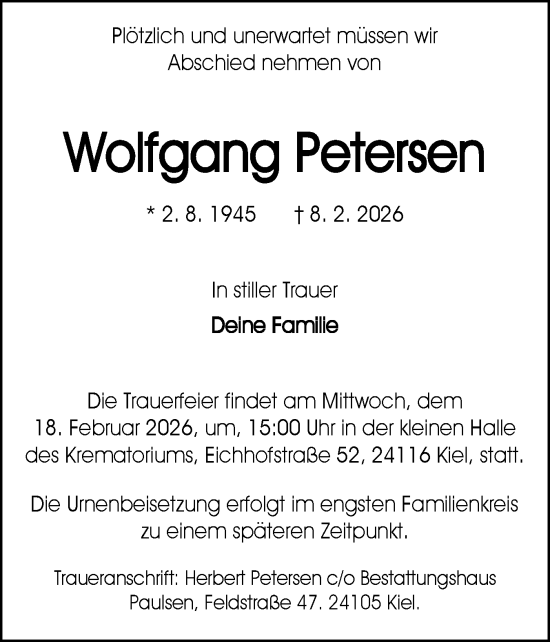 Traueranzeige von Wolfgang Petersen von Schleswig-Holsteinische Landeszeitung