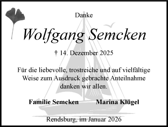 Traueranzeige von Wolfgang Semcken von Schleswig-Holsteinische Landeszeitung