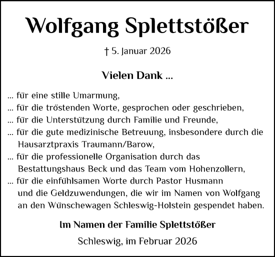 Traueranzeige von Wolfgang Splettstößer von Schleswiger Nachrichten, Schlei-Bote