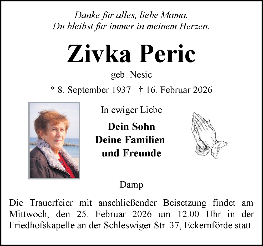  Traueranzeige für Zivka Peric vom 21.02.2026 aus Eckernförder Zeitung