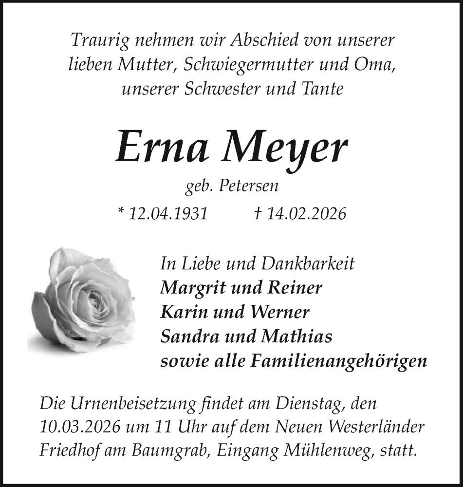  Traueranzeige für Erna Meyer vom 02.03.2026 aus Sylter Rundschau